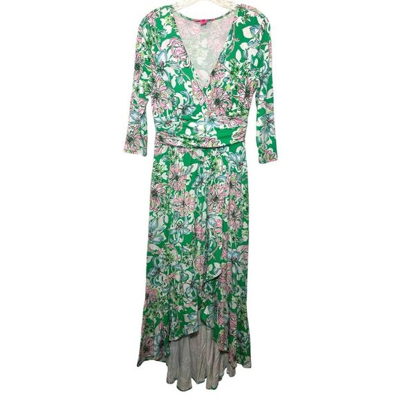 LILLY PULITZER ladies Moana Maxi Dress small green pink Spearmint Blossom hi low - Picture 4 of 12
